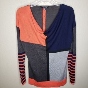 Linea Domani Long Sleeve Sweater M Colorblock Navy Gray Orange